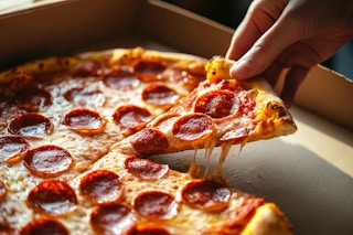a hand grabbing a pepperoni pizza out of a pizza hut box 