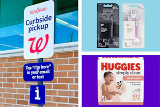 collage with products and a walgreens curbside pickup sign