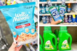 collage image of well market popcorn, act mouthwash, and walgreens detergent