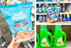 collage image of well market popcorn, act mouthwash, and walgreens detergent