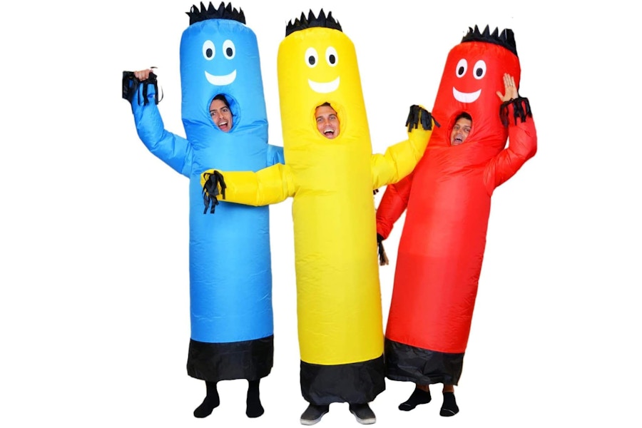 images of a family halloween costume of inflatable dancers