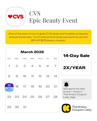 Calendar graphic of CVS epic beauty event predicted for March 15 2026