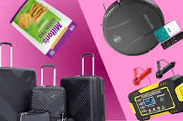 black luggage, free miltons cracker, prettycare robot vacuum, and jump starter