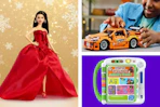 a holiday Barbie, a kid playing with a LEGO car, and a digital kid's book