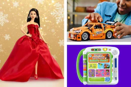 a holiday Barbie, a kid playing with a LEGO car, and a digital kid's book