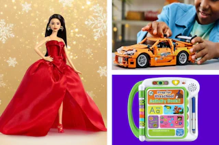 a holiday Barbie, a kid playing with a LEGO car, and a digital kid's book