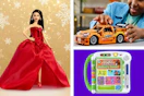 a holiday Barbie, a kid playing with a LEGO car, and a digital kid's book