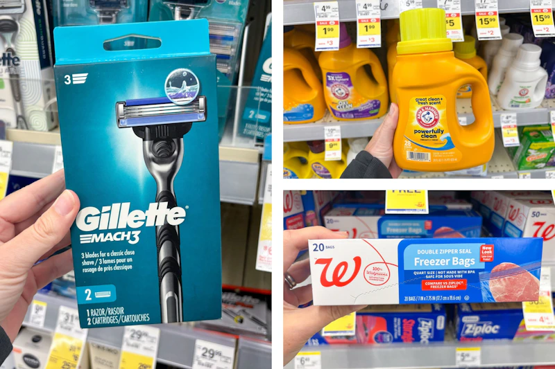 walgreens gillette, arm and hammer, walgreens bags 3-photo collage