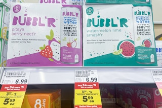 bubbl'r sparkling water 6-packs on shelf at meijer