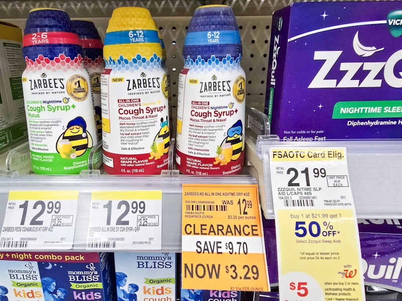 zarbees kids cough syrup with a $3.29 clearance tag