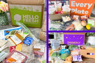 Three images hello fresh meal kit, dinnerly, and every plate on counters 