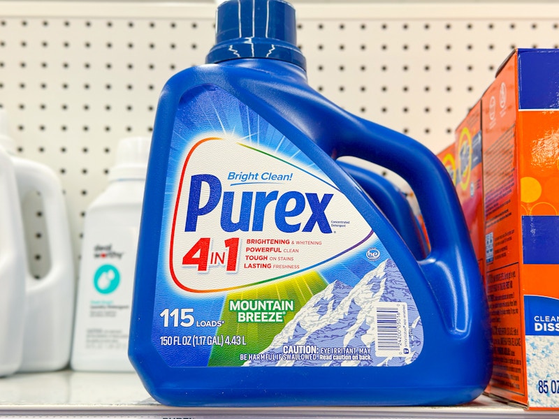 large jug of purex detergent on a shelf