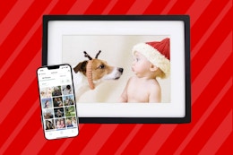 Stock photo of the Skylight Digital Photo Frame with a iPhone next to it to display app capabilities 