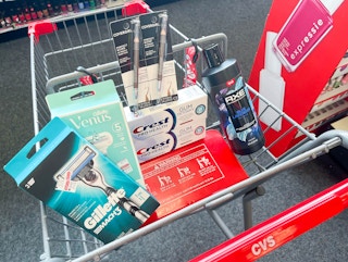 shopping cart with Gillette Mach3 razor, Gillette Venus Smooth razor, Crest Detoxify toothpaste, Covergirl eyeliners, and Axe body wash ...