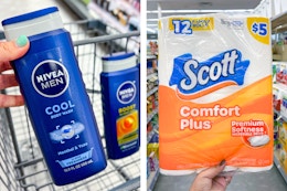 collage with nivea body wash and scott toilet paper