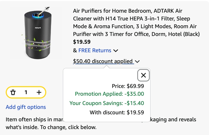 air purifier Amazon receipt