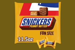 An 11.5-ounce bag of Snickers Crunchy Peanut Butter bars in fun size, plus two loose pieces.