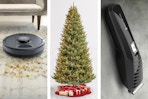 3 lifestyle photos of clearance deals: robot vacuum, Christmas tree & hair trimmer