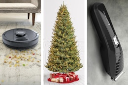3 lifestyle photos of clearance deals: robot vacuum, Christmas tree & hair trimmer