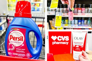 collage image of persil detergent, sally hansen nail polish, and olay cleanser
