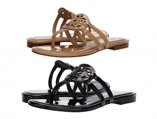 A set of Sam Edelman canyon flat shoes in almond and black patent.