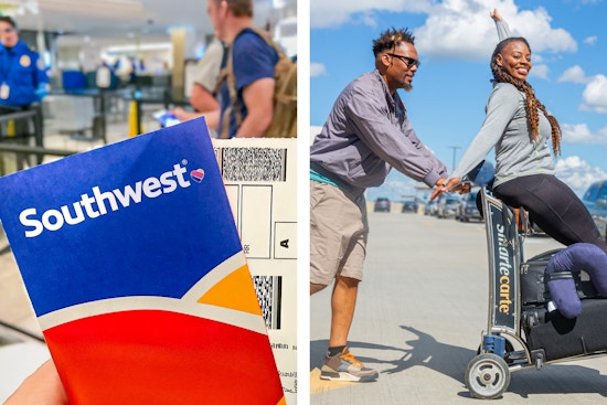 someone holding a southwest plane ticket and two people at the airport