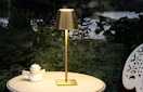 a gold table lamp on a table