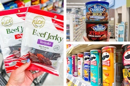 collage image of nice jerky, pringles, and blue diamond almonds