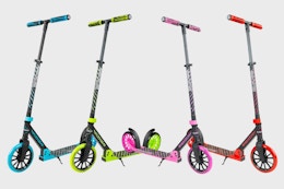 4 colors of Madd Gear scooters: blue, green, pink & red