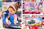 Ms. Rachel plush, Barbie vacation home, and Lego cars