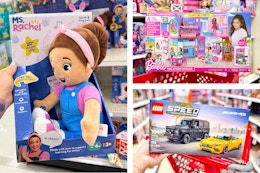 Ms. Rachel plush, Barbie vacation home, and Lego cars