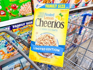 a box of frosted lemon cheerios in walmart cart