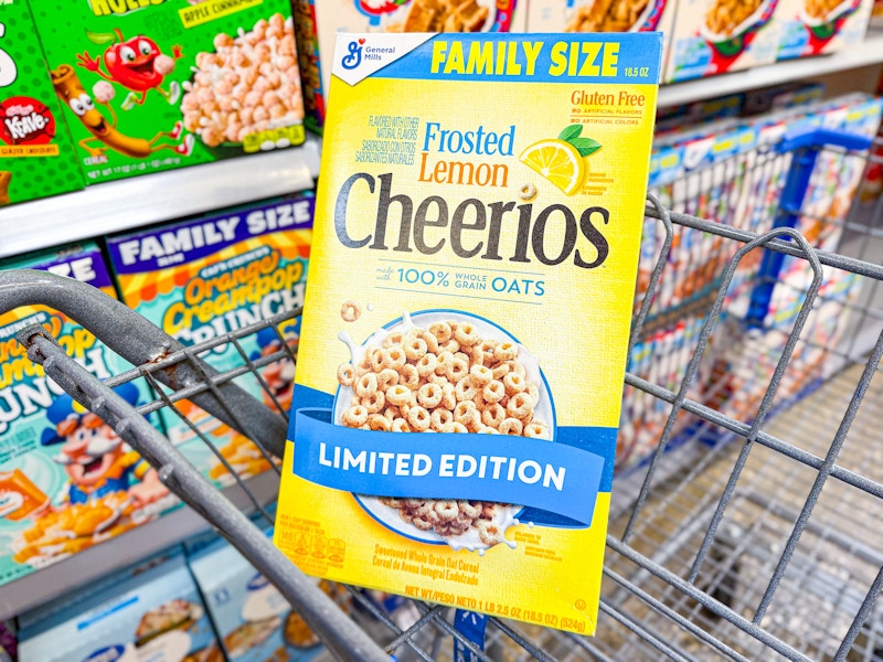 a box of frosted lemon cheerios in walmart cart