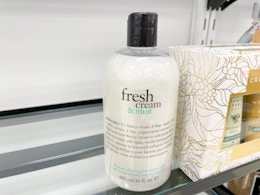 Philosophy fresh cream and mint shampoo, shower gel, and bubble bath on a shelf at tjmaxx