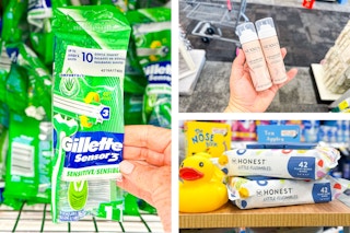 collage image of gillette razor, honest baby wipes, and nexxus dry shampoo