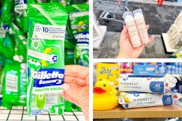 collage image of gillette razor, honest baby wipes, and nexxus dry shampoo