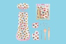 baking cap and apron, oven mitts, spoons and cookie cutters