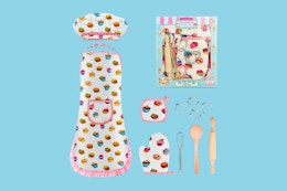 baking cap and apron, oven mitts, spoons and cookie cutters