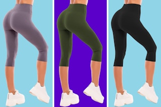 Three pairs of capri leggings on three pairs of legs: grey, olive, and black.