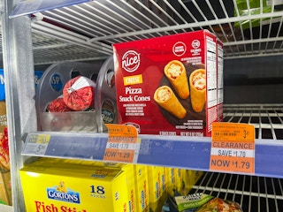 frozen pizza cones with a $1.29 clearance sign