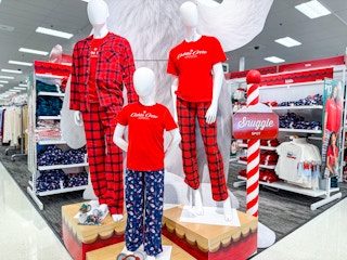 target matching holiday pajamas sitting on display at target