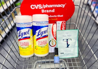 lysol wipes, rael sheet mask, revlon nail polish, and colgate toothpaste