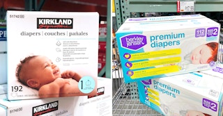 side-by-side comparison of costco kirkland and bj's berkley jensen store-brand diapers at costco in store