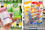 collage with walgreens vitamins and hot wheels garage playset