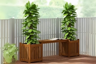 Lifestyle image of Furinno Outdoor Hardwood Planter Box with Seater used in a patio-like setting