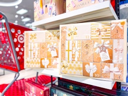 beauty advent calendar sitting on a target shelf