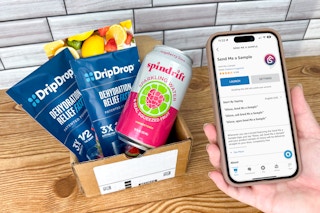 someone holding a phone displaying the Alexa Sample Skill page next to some samples previously received from using the skill