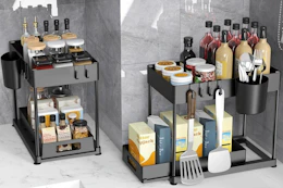 two sink organizers on a table