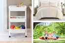 3 lifestyle images of Target bestsellers: storage rolling cart, bed set & saucer swing