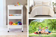 3 lifestyle images of Target bestsellers: storage rolling cart, bed set & saucer swing